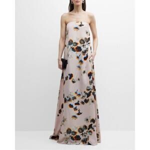 Brandon Maxwell Serena Strapless Blur Floral-Print Logo Jacquard Gown